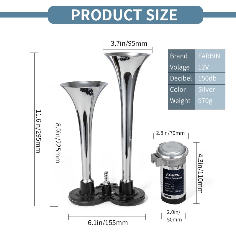 FARBIN بوق سيارة FARBIN 12V 150db بوق هوائي عالي الصوت، بوق مزدوج من الكروم والزنك، بوق شاحنة مع ضاغط وحزمة أسلاك، لأي مركبة 12V - Image 5